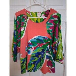 Chicos Tropical Palm Leaf Top Coral Green Pink Blue Scoop Neck Size 1 M (8-10)